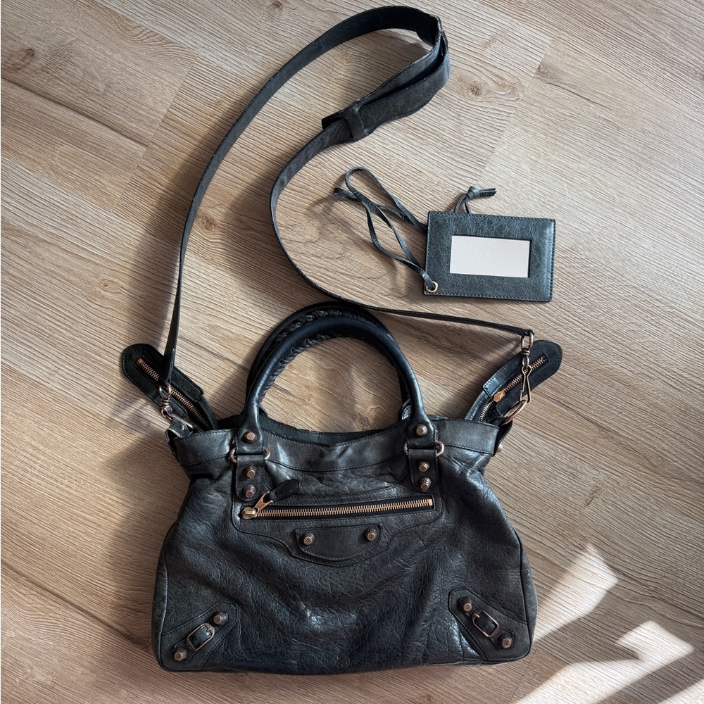 BALENCIAGA Agneau Town Giant Rose Gold Hardware Bag Purse - Graphite Black